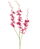 Three stems of the Artificial Cymbidium flower of 95 cm in burgundy red, with vibrant flowers and small buds, shown against a white background.
