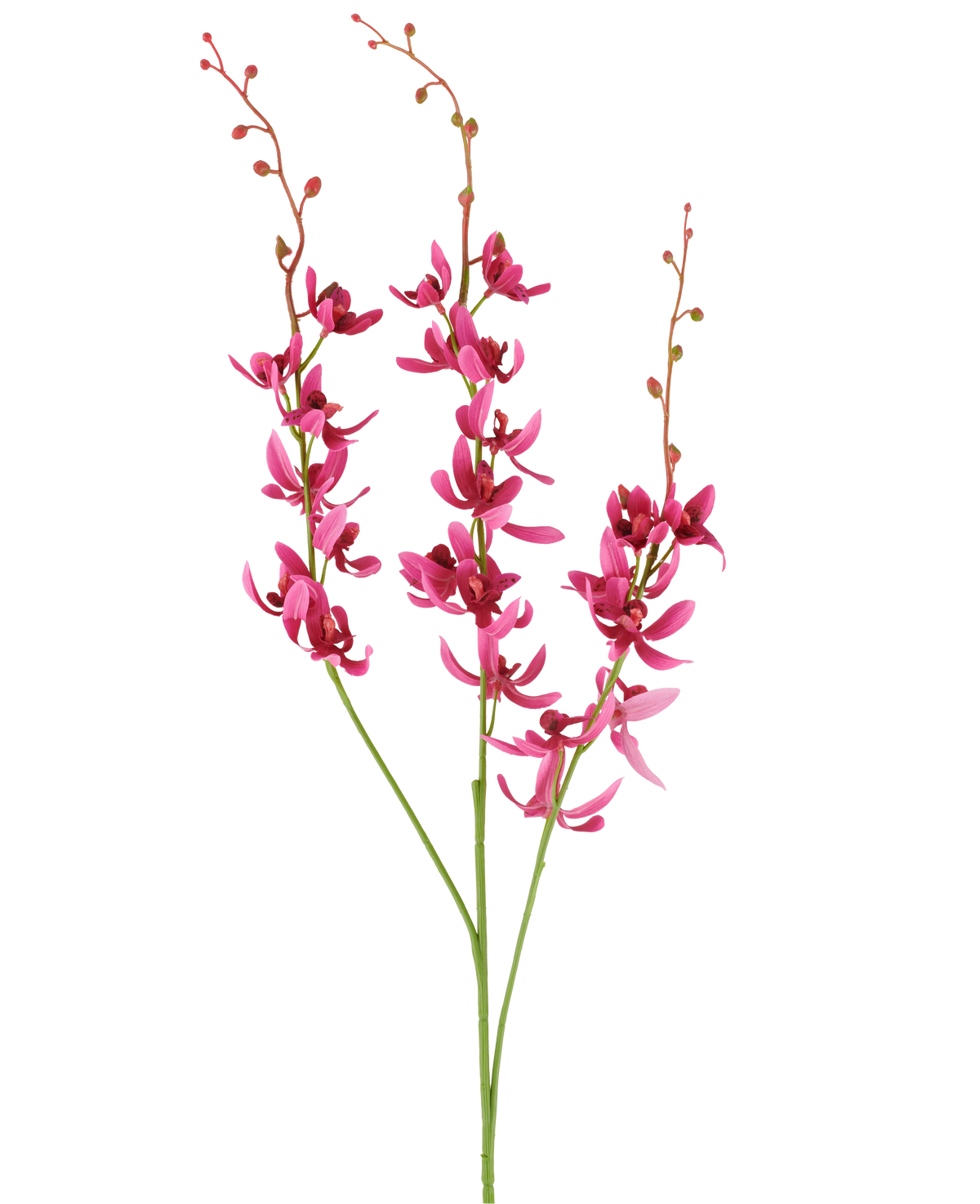 Three stems of the Artificial Cymbidium flower of 95 cm in burgundy red, with vibrant flowers and small buds, shown against a white background.
