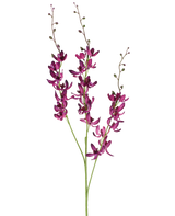Three long stems of the Artificial Cymbidium flower of 95 cm in vibrant purple, with small green buds, against a plain white background.