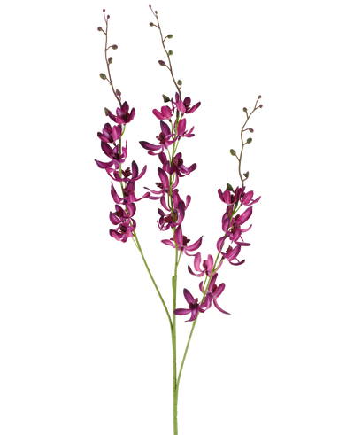 Three long stems of the Artificial Cymbidium flower of 95 cm in vibrant purple, with small green buds, against a plain white background.