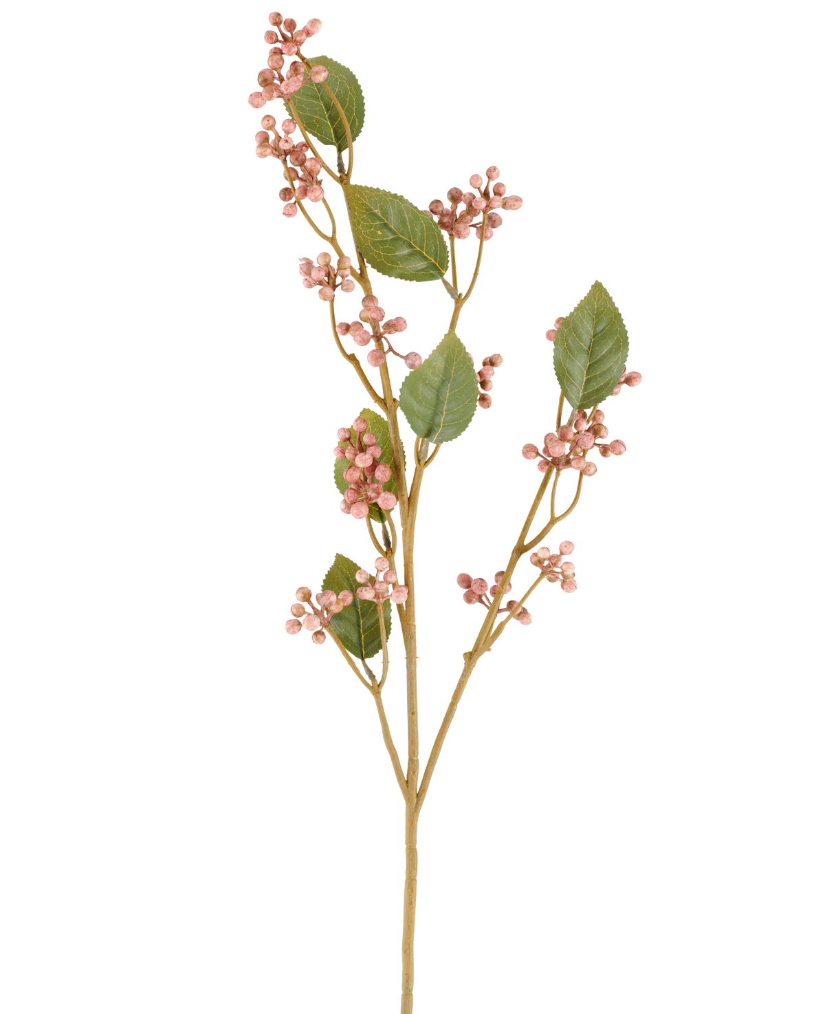 A single stem of the Artificial Dewberry flower, 78 cm high in old pink, with green leaves and bunches of small, round, pink berries on slender brown stems, depicted against a plain white background.