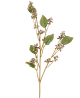 A single stem of the Artificial Flower Dewberry, 78 cm high, with several green leaves and bunches of small, round beige berries on thin brown stems in gray and purple tones, against a white background.