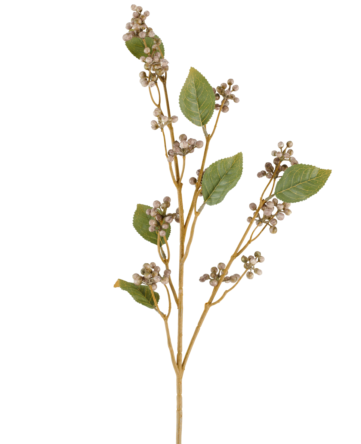 A single stem of the Artificial Flower Dewberry, 78 cm high, with several green leaves and bunches of small, round beige berries on thin brown stems in gray and purple tones, against a white background.