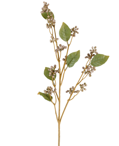 A single stem of the Artificial Flower Dewberry, 78 cm high, with several green leaves and bunches of small, round beige berries on thin brown stems in gray and purple tones, against a white background.