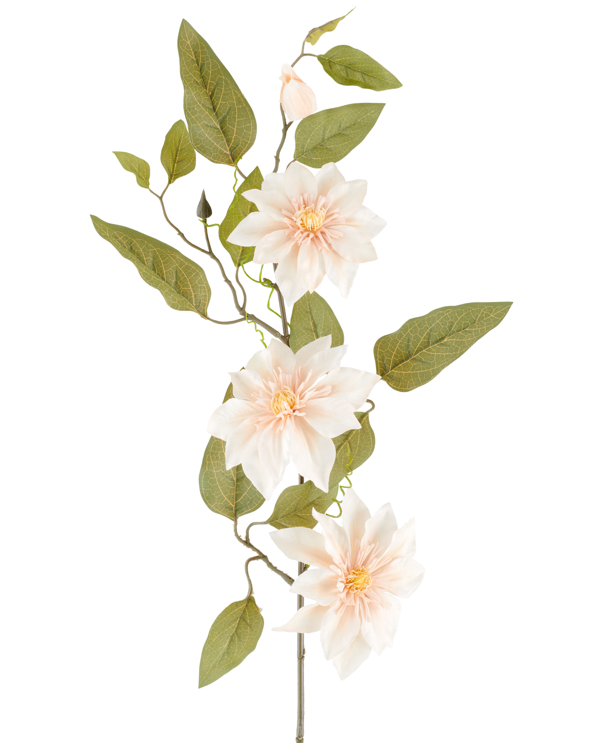 A detailed Artificial Flower Clematis of 81 cm in the color 'old cream' consists of three light pink flowers, various green leaves and some buds, against a plain white background.