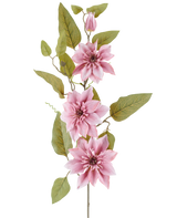 A stem of the Artificial Flower Clematis 81 cm old pink, with three old pink clematis flowers, a closed pink bud and several green leaves, against a white background.
