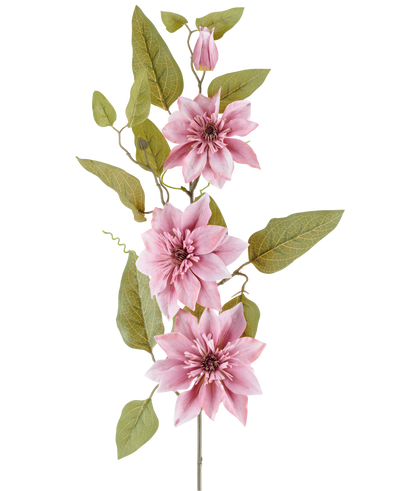 A stem of the Artificial Flower Clematis 81 cm old pink, with three old pink clematis flowers, a closed pink bud and several green leaves, against a white background.