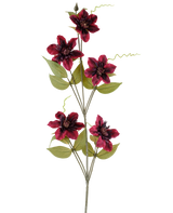 A single artificial flower Clematis 78 cm burgundy, an artificial stem, consists of five deep red burgundy-colored flowers with dark centers, surrounded by green leaves and curled tendrils, against a plain white background.