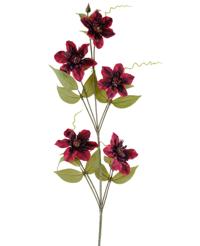 A single artificial flower Clematis 78 cm burgundy, an artificial stem, consists of five deep red burgundy-colored flowers with dark centers, surrounded by green leaves and curled tendrils, against a plain white background.