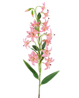 A single stem of the Artificial Flower Lily 82 cm fuchsia, with vibrant fuchsia-colored lily flowers with dark spots, green leaves and buds against a white background.