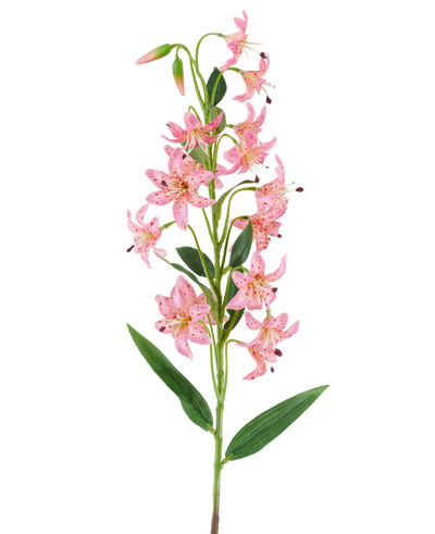 A single stem of the Artificial Flower Lily 82 cm fuchsia, with vibrant fuchsia-colored lily flowers with dark spots, green leaves and buds against a white background.