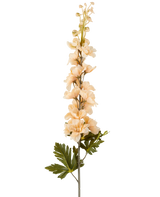 A single stem of Artificial Delphinium flower 79 cm cream/brown, with multiple cream-colored and brown blossoms and green leaves, depicted against a white background.