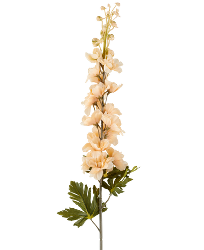 A single stem of Artificial Delphinium flower 79 cm cream/brown, with multiple cream-colored and brown blossoms and green leaves, depicted against a white background.