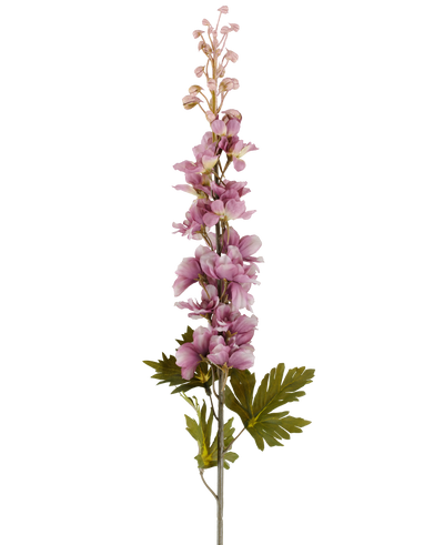 A single stem of Artificial Flower Delphinium 79 cm mauve with multiple mauve-toned pink and purple blossoms blooming upwards, accented by green leaves, pictured against a white background.