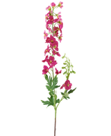 A single stem of the Artificial Flower Delphinium 79 cm dark pink, with bright pink artificial flowers, green leaves and buds, isolated against a white background.