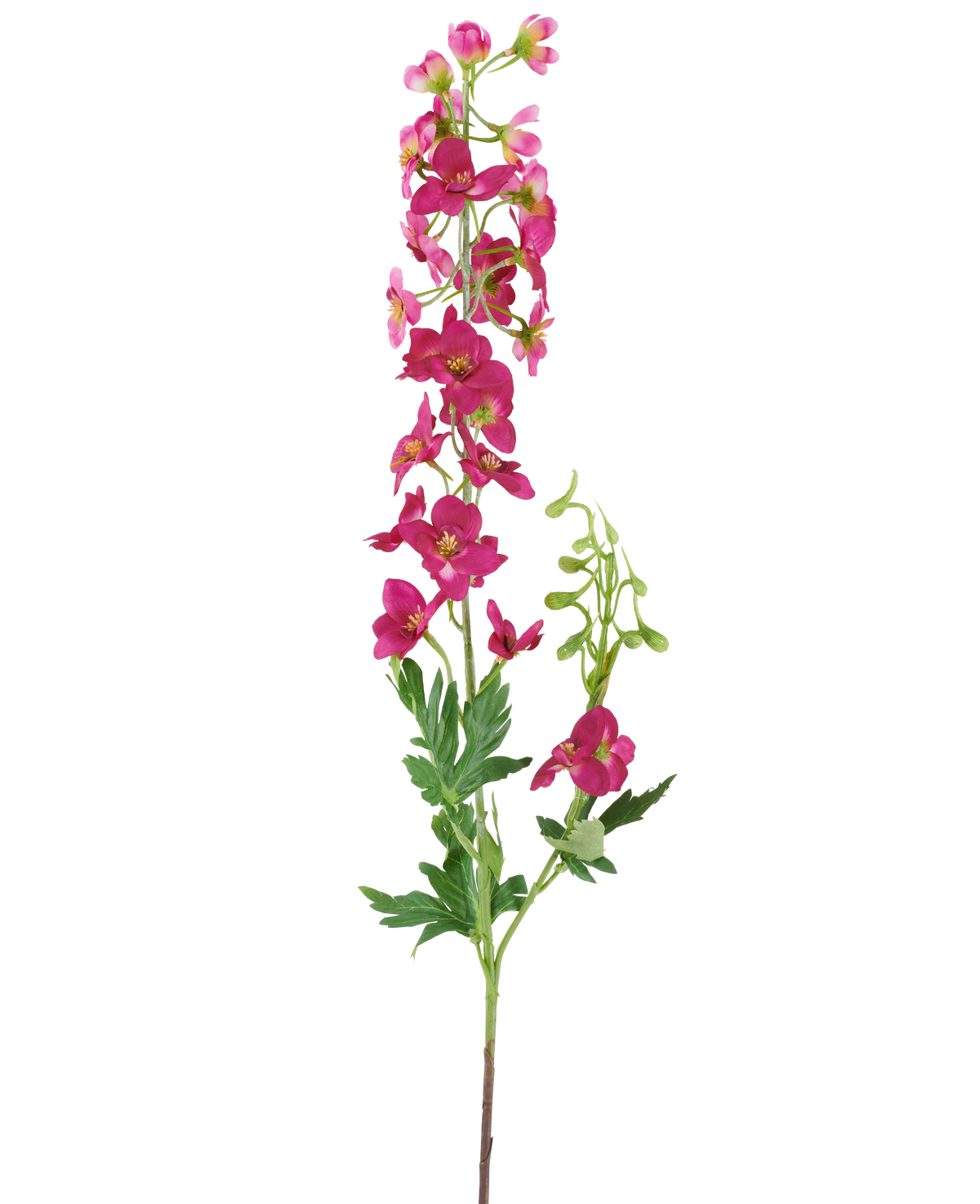 A single stem of the Artificial Flower Delphinium 79 cm dark pink, with bright pink artificial flowers, green leaves and buds, isolated against a white background.
