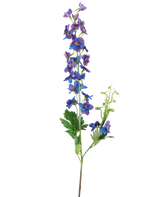 A single tall Artificial Flower Delphinium measuring 79 cm with a purple stem, featuring small, vibrant purple and blue flowers and green leaves against a plain white background.