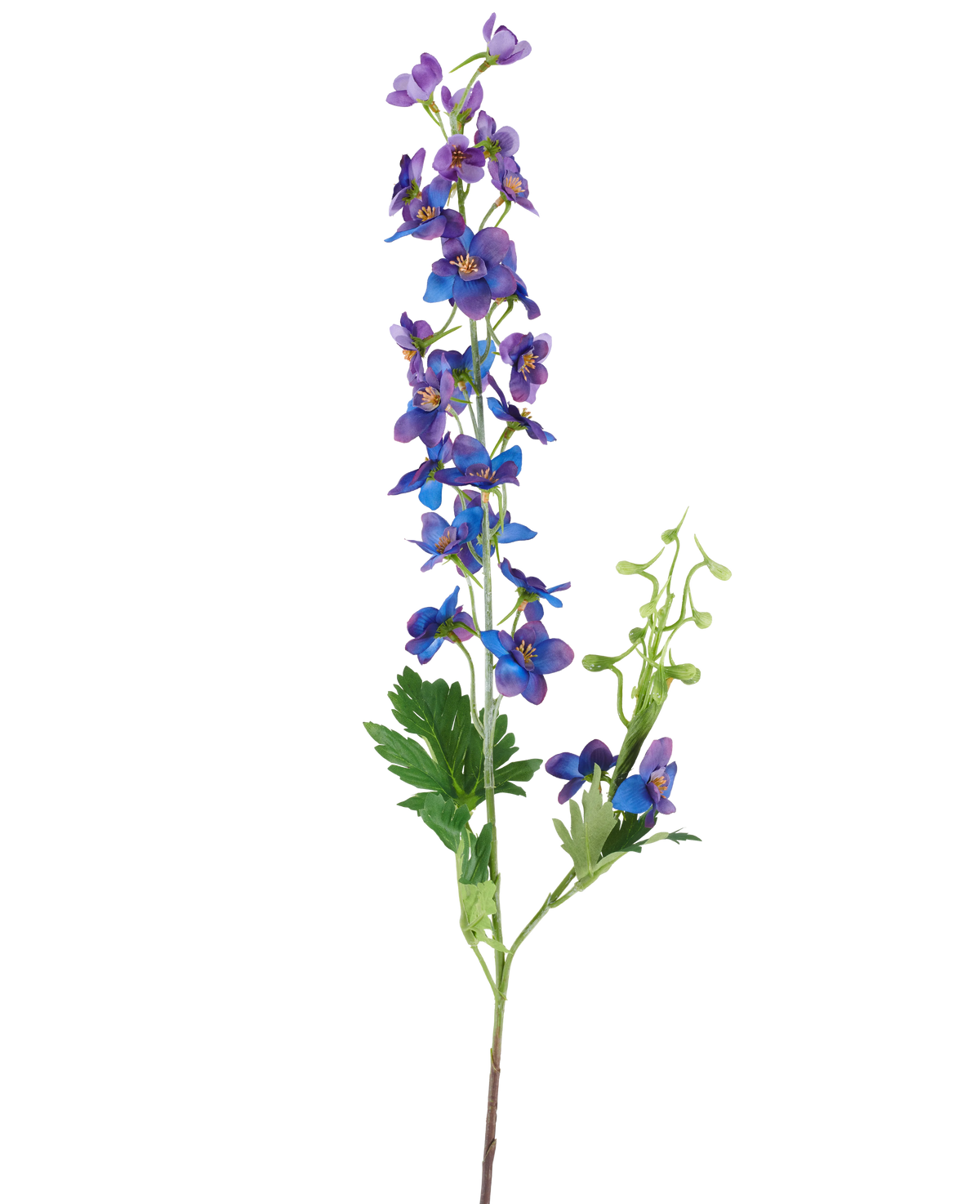 A single tall Artificial Flower Delphinium measuring 79 cm with a purple stem, featuring small, vibrant purple and blue flowers and green leaves against a plain white background.