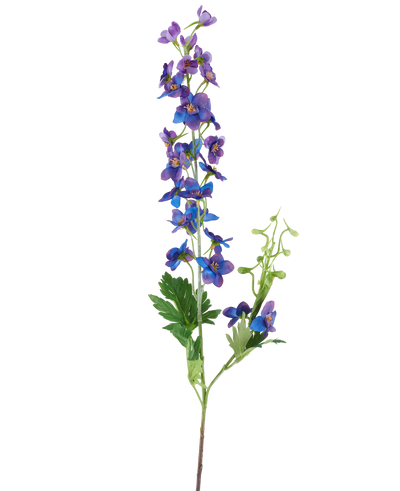 A single tall Artificial Flower Delphinium measuring 79 cm with a purple stem, featuring small, vibrant purple and blue flowers and green leaves against a plain white background.