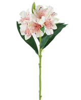 A single stem of the Artificial Alstroemeria flower 74 cm light pink with green leaves and three light pink flowers with dark pink speckles, against a white background.
