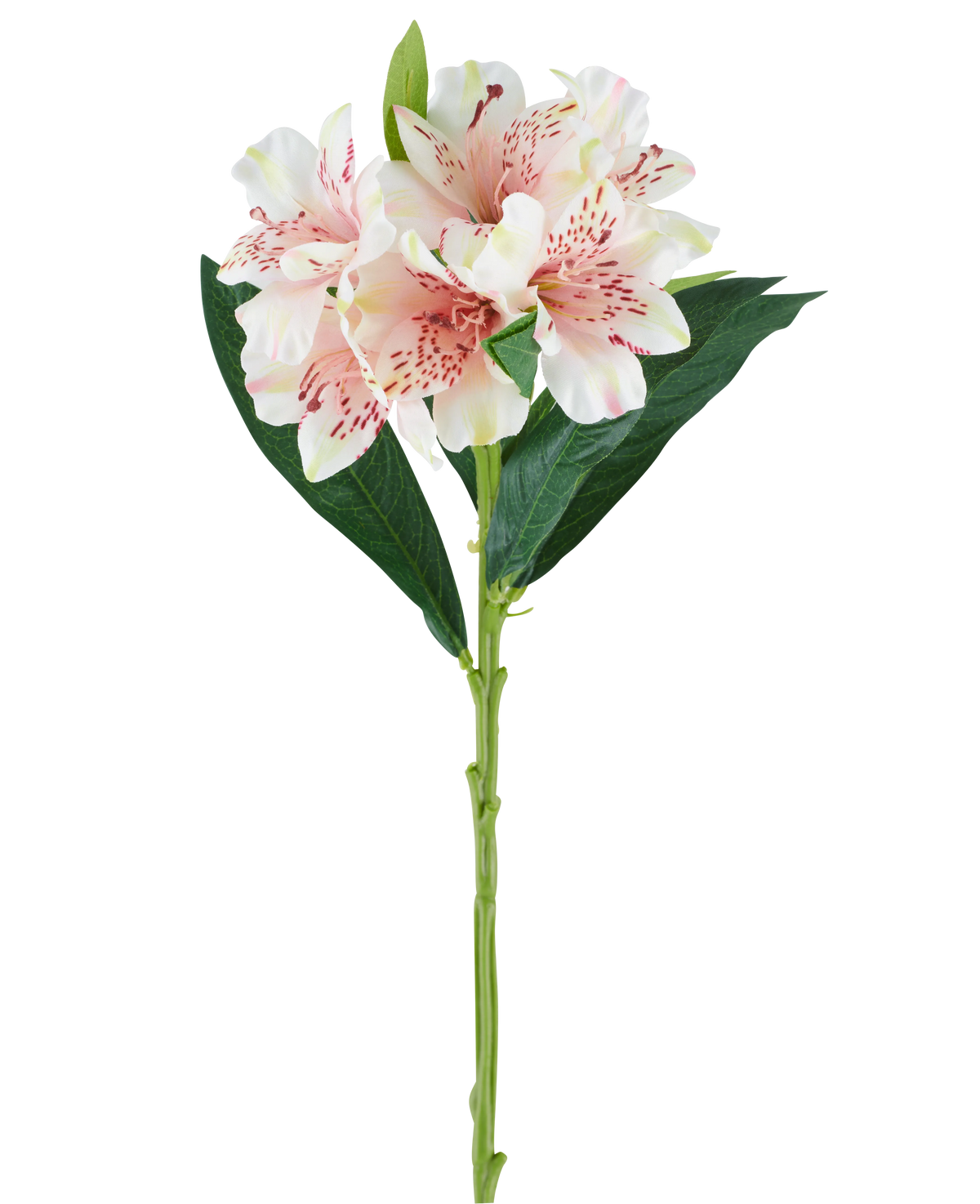 A single stem of the Artificial Alstroemeria flower 74 cm light pink with green leaves and three light pink flowers with dark pink speckles, against a white background.