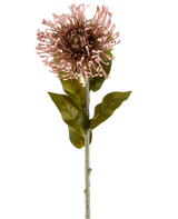The Artificial Flower Protea 65 cm mauve is a single artificial flower in the shape of a protea, with a round cluster of mauve, pointed petals, green leaves and a long stem, depicted against a plain white background.