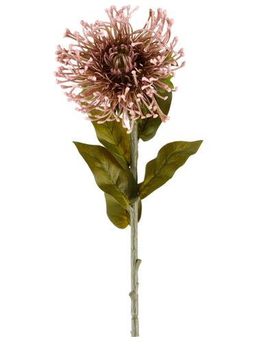 The Artificial Flower Protea 65 cm mauve is a single artificial flower in the shape of a protea, with a round cluster of mauve, pointed petals, green leaves and a long stem, depicted against a plain white background.