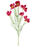 The Artificial Flower Cosmo 78 cm fuchsia consists of vibrant fuchsia-colored cosmos flowers with yellow centers and delicate, feathery green leaves, against a white background.