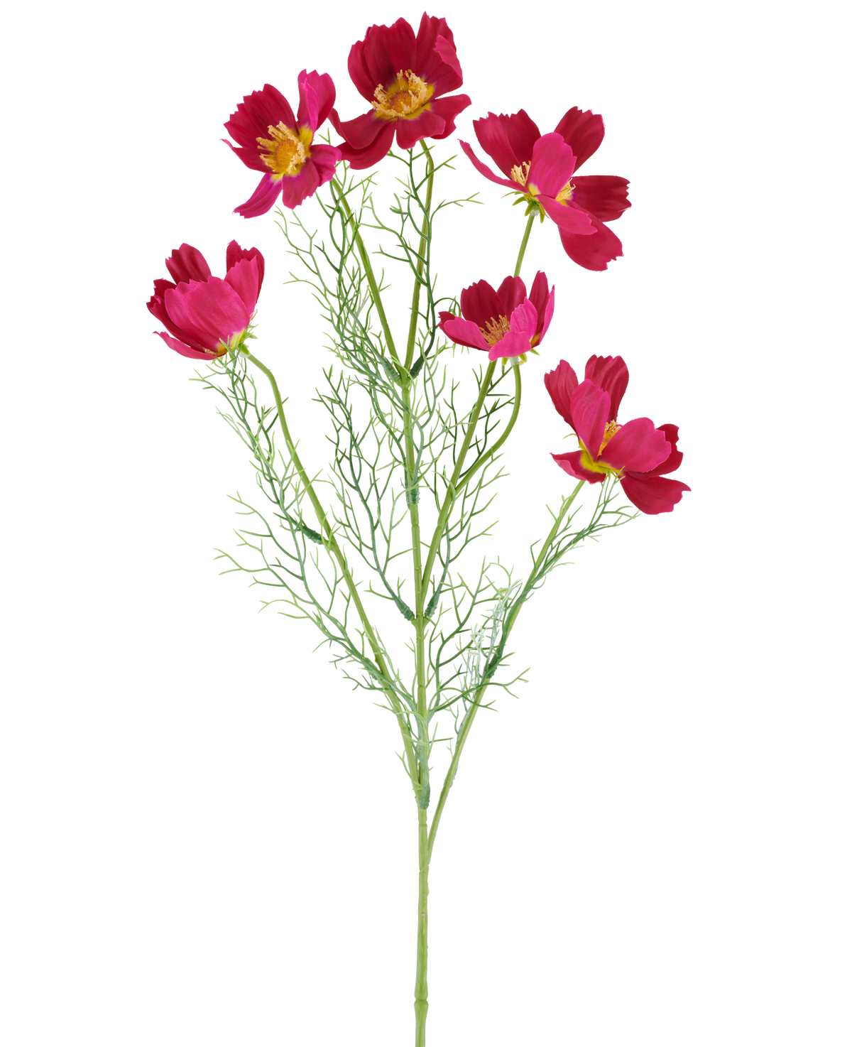 The Artificial Flower Cosmo 78 cm fuchsia consists of vibrant fuchsia-colored cosmos flowers with yellow centers and delicate, feathery green leaves, against a white background.