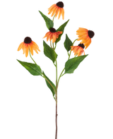 A single Artificial Flower Echinacea of ​​75 cm, orange, with five vibrant orange coneflowers, each with a dark brown center and surrounded by green leaves, against a plain white background.