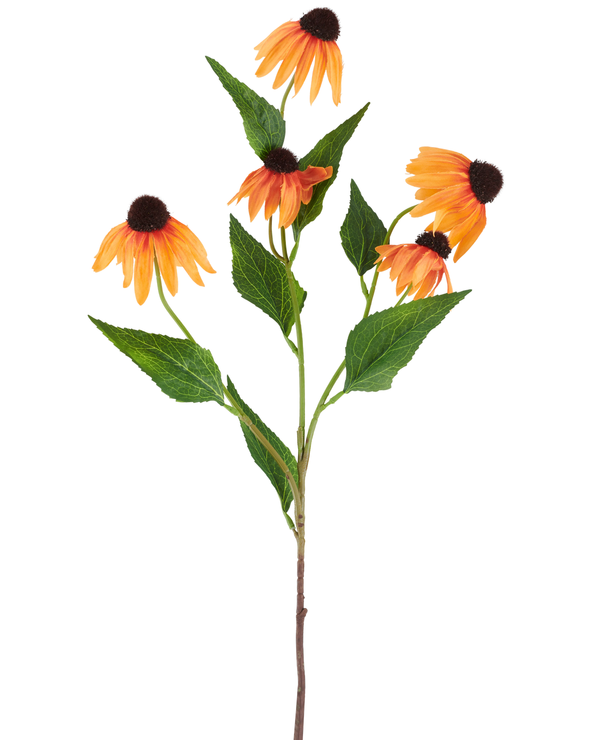 A single Artificial Flower Echinacea of ​​75 cm, orange, with five vibrant orange coneflowers, each with a dark brown center and surrounded by green leaves, against a plain white background.