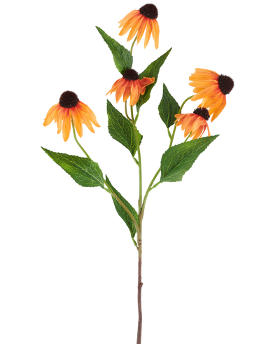 A single Artificial Flower Echinacea of ​​75 cm, orange, with five vibrant orange coneflowers, each with a dark brown center and surrounded by green leaves, against a plain white background.