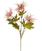 A single stem of Artificial flower Armeria maritima, 67 cm old pink, with several green leaves and three pointed, old pink flowers, depicted against a plain white background.