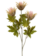Artificial flower Thistle 67 cm old pink consists of three pink and gold-colored, spiky artificial thistle flowers with green leaves on gray stems, depicted against a white background.
