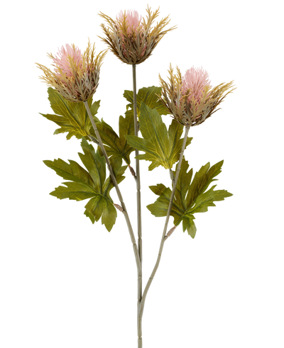 Artificial flower Thistle 67 cm old pink consists of three pink and gold-colored, spiky artificial thistle flowers with green leaves on gray stems, depicted against a white background.