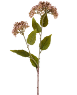 A single stem of Artificial Flower Sedum 67 cm mauve has two bunches of small, light mauve flowers and numerous green leaves against a white background.