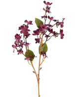An Artificial Flower Vernicia Fordii of 63 cm in burgundy red, with bunches of small, dark purple flowers and green leaves on slender, light brown stems, shown against a white background.