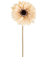 The Artificial Flower Gerbera 53 cm cream/brown consists of a single light peach-colored artificial gerbera with layered petals and a dark brown heart on a long, slender stem, depicted against a plain white background.