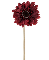 The Artificial Flower Gerbera 53 cm bordeaux consists of one artificial gerbera in a rich, dark red shade with layered petals and a brown heart, attached to a long, straight, light-colored stem and presented against a plain white background.