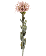 A single stem of the Artificial Flower Protea 61 cm mauve, with oval green leaves and a round, spiky light mauve-pink flower at the top, pictured against a plain white background.