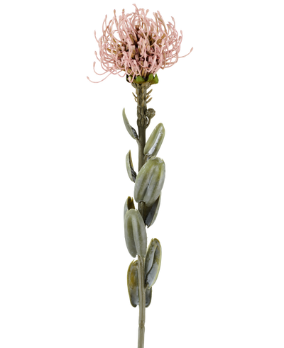 A single stem of the Artificial Flower Protea 61 cm mauve, with oval green leaves and a round, spiky light mauve-pink flower at the top, pictured against a plain white background.