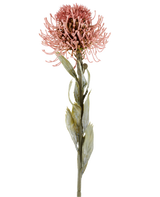 Artificial flower Protea 60 cm old pink with pointed pink petals and green leaves on a long stem, shown against a plain white background.