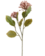 Artificial flower Hydrangea 55 cm mauve, with bunches of small, mauve buds and green leaves on long, slender brown-green stems, depicted on a white background.