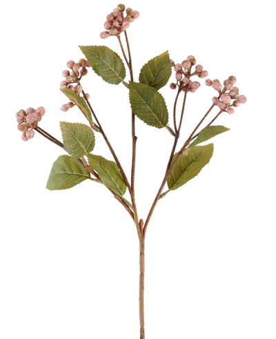 A single mauve Artificial Flower Wild Berry stem, 53 cm high, with multiple branches bearing bunches of small, round mauve berries and several oval green leaves against a white background.