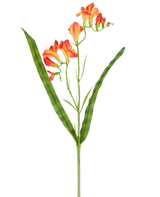A single stem of the Artificial Flower Freesia 56 cm orange, with long, narrow green leaves and multiple orange freesia flowers in bloom at the top, pictured against a white background.
