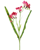 An artificial flower: 56 cm freesia in fuchsia, with vibrant fuchsia flowers and two long, slender green leaves, depicted on a white background.