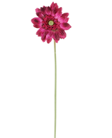 A single Artificial Flower Mini Gerbera of 47 cm in dark pink with layered petals and a green heart on a long, slender green stem, isolated against a white background.
