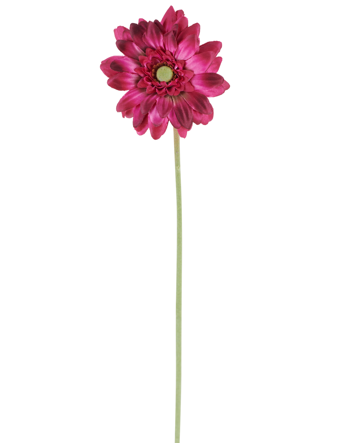 A single Artificial Flower Mini Gerbera of 47 cm in dark pink with layered petals and a green heart on a long, slender green stem, isolated against a white background.