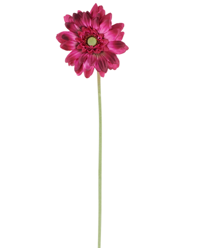 A single Artificial Flower Mini Gerbera of 47 cm in dark pink with layered petals and a green heart on a long, slender green stem, isolated against a white background.
