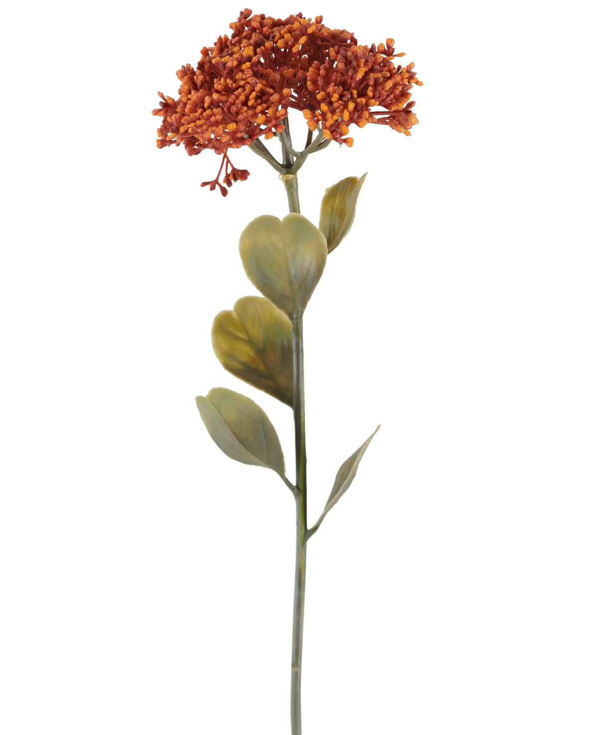 A single Artificial Sedum flower of 46 cm in weathered orange, with bunches of small red-orange blossoms and some green leaves, depicted on a white background.